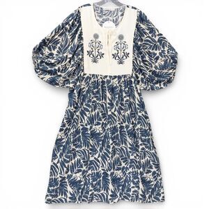 Rusttydustty Boho Floral Dress XL Blue White Embroidered Bib Babydoll Viscose